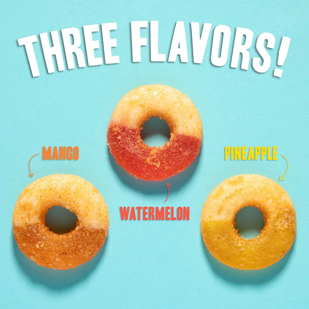 Each package contains an assortment of mango, watermelon, and pineapple gummy rings covered in Cholula hot sauce flavoring. 