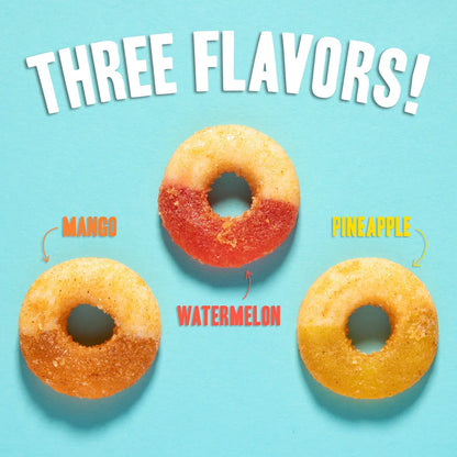 Each package contains an assortment of mango, watermelon, and pineapple gummy rings covered in Cholula hot sauce flavoring. 