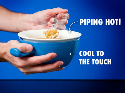 The inner ceramic bowl is hot 'n toasty while the insulated outer bowl remains cool as a cucumber.