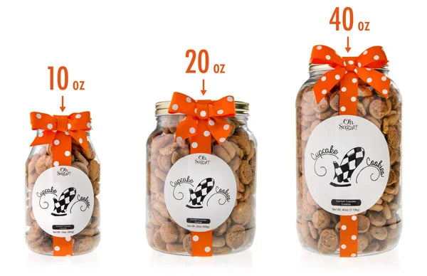 Cupcake Cookies are available in three sizes: 10oz, 20oz, and 40oz.