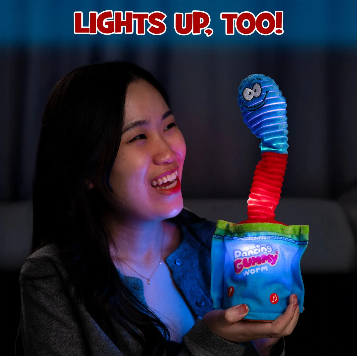 Not only does it wiggle and dance to the rhythm, but its body also lights up with vibrant LED lights.