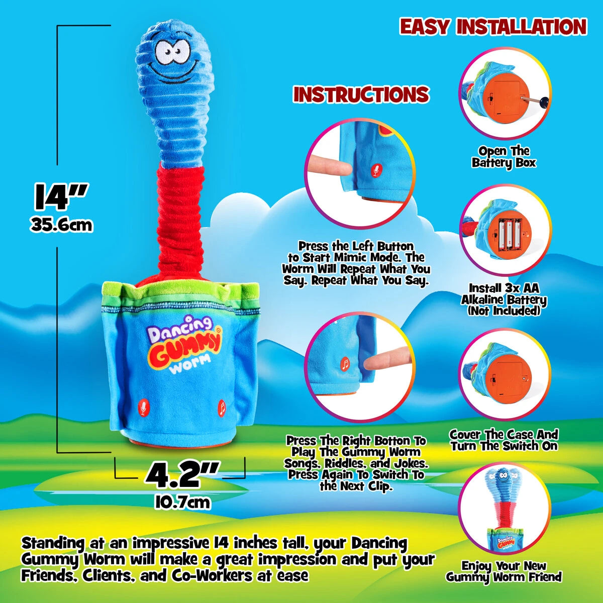 Simply install 3 x AA batteries (not included), flip the switch on the bottom, and use the two simple buttons on its base to start the show.