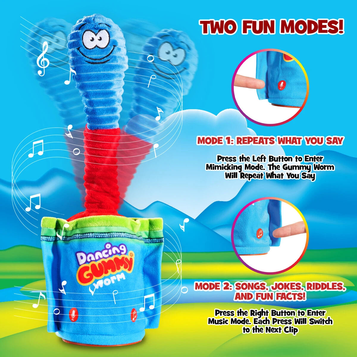 Use the two buttons on the front of the worm to easily switch between mimic mode and play mode.