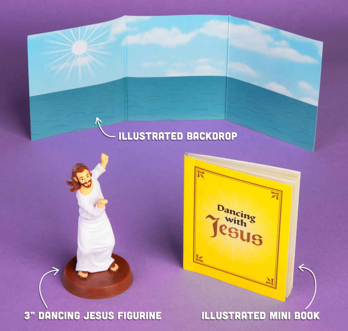 Includes 48-page mini book and illustrated conga line backdrop.