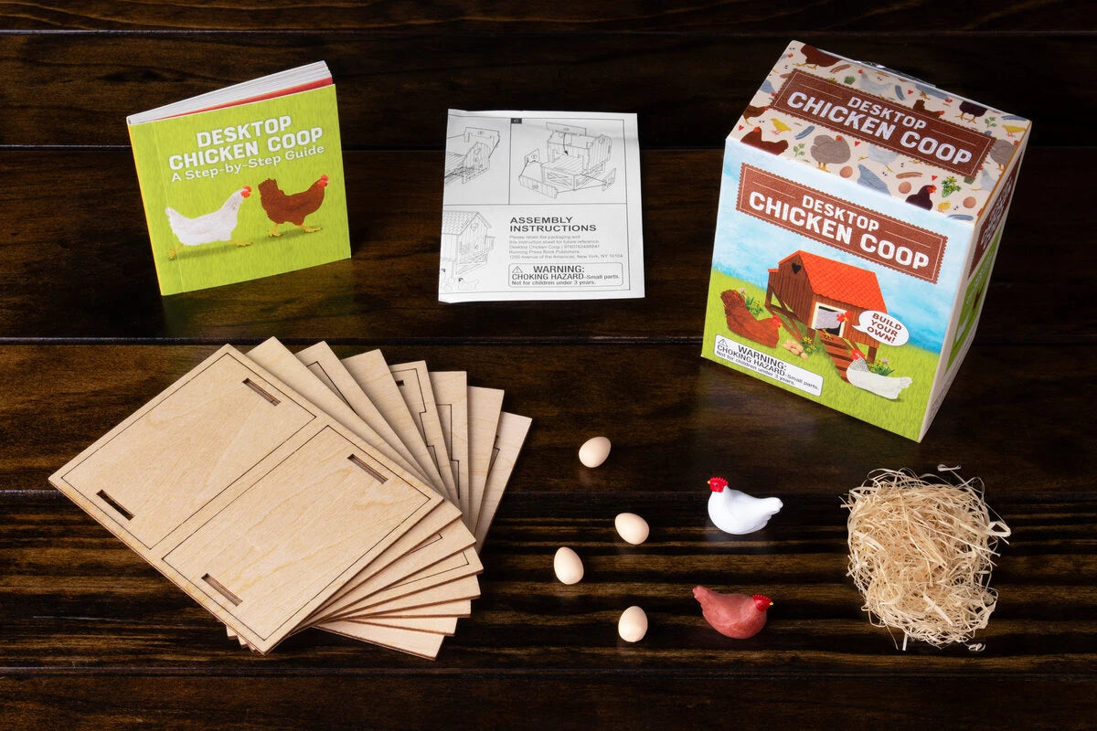 Includes 15 pre-cut wood pieces, model chickens, eggs, hay, and a mini book on how to make a real chicken coop.