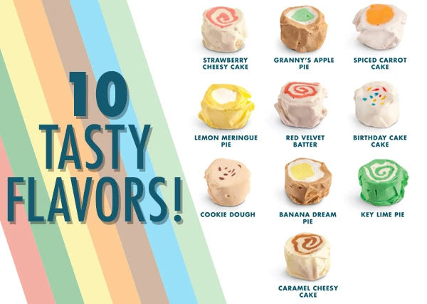 Dessert Mix Taffy includes an assortment of flavors: Strawberry Cheesy Cake, Caramel Cheesy Cake, Granny's Apple Pie, Banana Dream Pie, Spiced Carrot Cake, Red Velvet Batter, Key Lime Pie, Birthday Cake Cake, Lemon Meringue Pie, and Cookie Dough