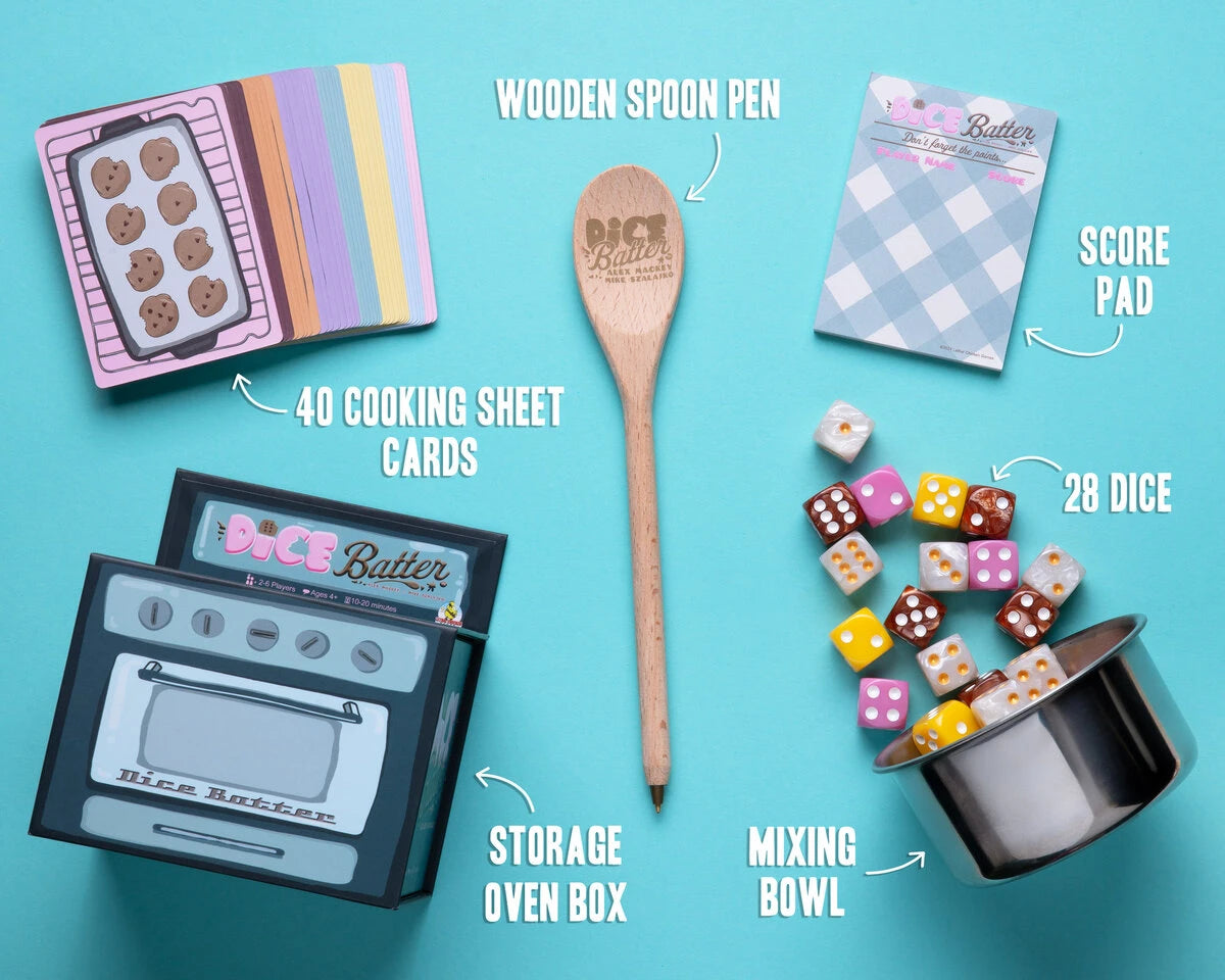 Contains: 28 dice, 40 cooking sheet cards, mixing bowl, lid, score pad, wooden spoon pen, and instructions.