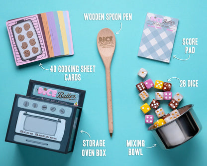 Contains: 28 dice, 40 cooking sheet cards, mixing bowl, lid, score pad, wooden spoon pen, and instructions.