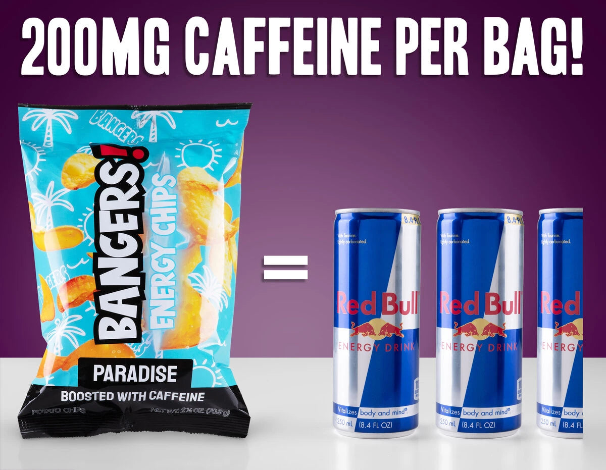 Packed with 200mg of caffeine, each snack-size bag equals two and a half Red Bulls but still tastes like a classic chip!