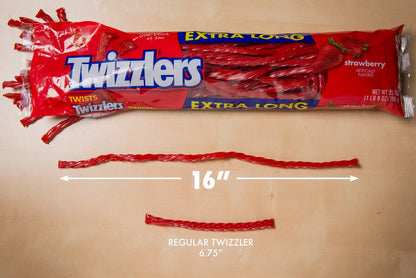 Extra Long Twizzlers are more than twice the length of a regular Twizzlers.