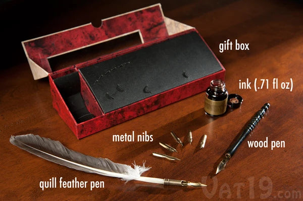 Everything you need to write your next great break-up letter is included in the Feather Pen Set.