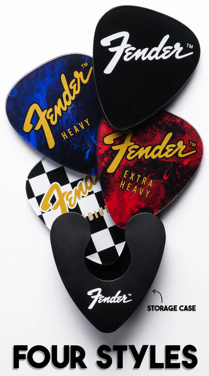 This coaster set is a four piece, featuring classic Fender guitar pick styles and colors.