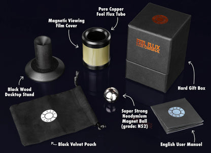 Set includes one (1) magnetic cylinder wrapped with magnetic viewing film cover, one (1) powerful magnetic sphere, one (1) black natural wooden stand.  