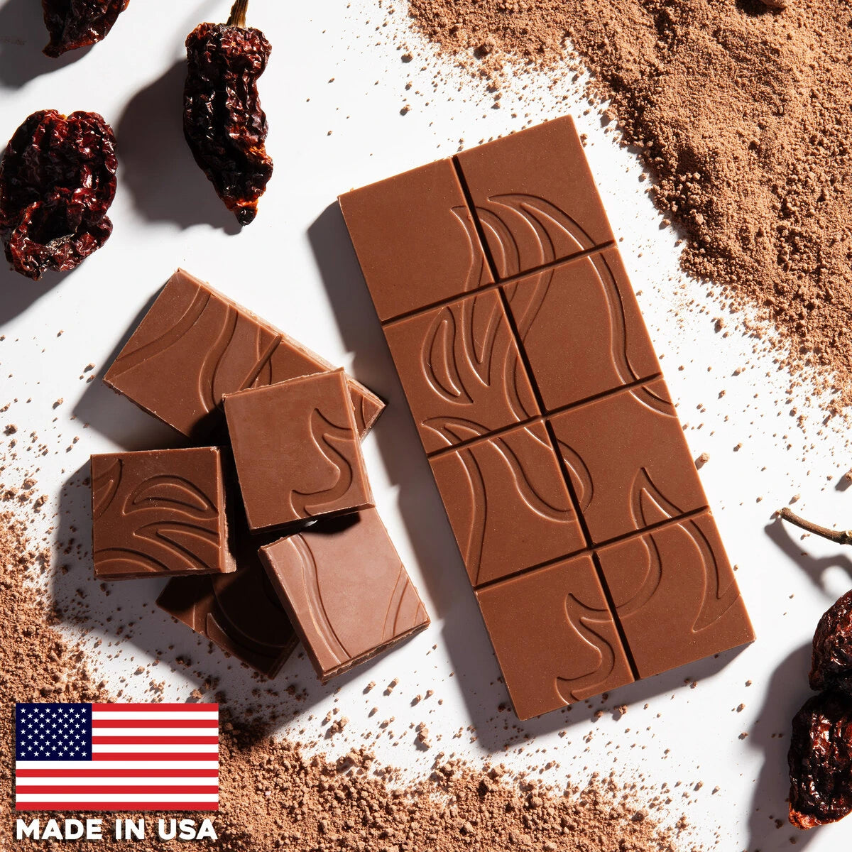 The Ghost Pepper Chocolate Bar is made in the USA using high quality milk chocolate and a dash of real ghost pepper powder.