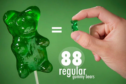 The Giant Gummy Bear stands an impressive four inches tall (not including the stick) and is the equivalent of 88 regular-sized gummy bears.