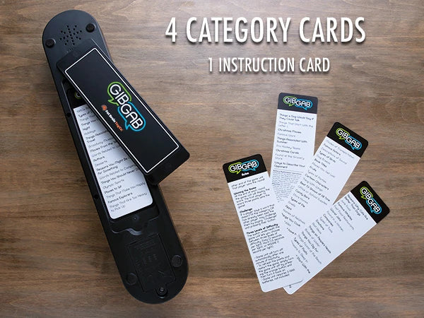 Includes: 1 game unit, 1 rules card, and 4 double-sided category cards that can be cleverly stored inside!