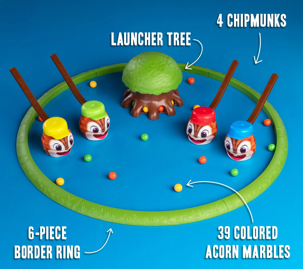 Includes 39 colored acorn mables, 4 chipmunks, 1 launcher tree, and a 6-piece border ring.