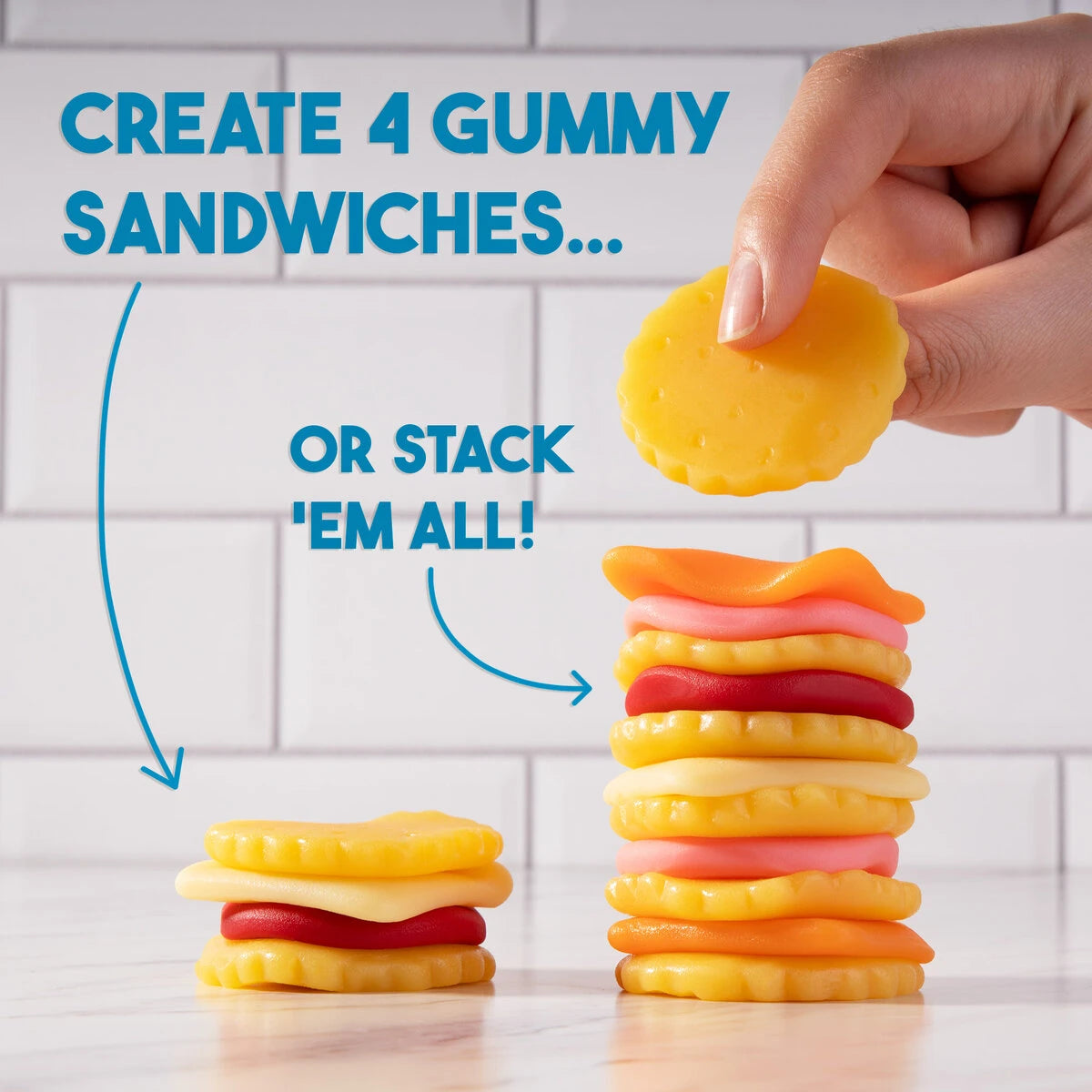 Build a tall gummy meal with Cracker Stackers which includes 16 stackable candies.