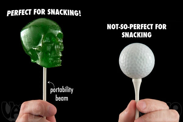 The Gummy Skull on a Stick is not only larger than a golf ball, but it's 100% more edible. Double snack win!