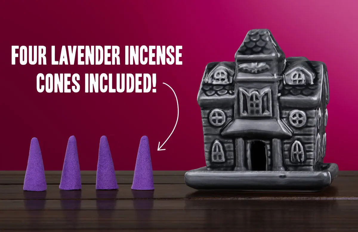 Includes: haunted house burner, matching resting plate, and four lavender incense cones.