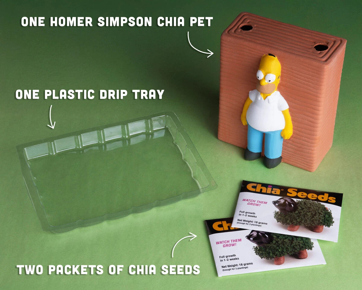 Includes: handmade planter, plastic drip tray, Chia seed packet, and instructions.