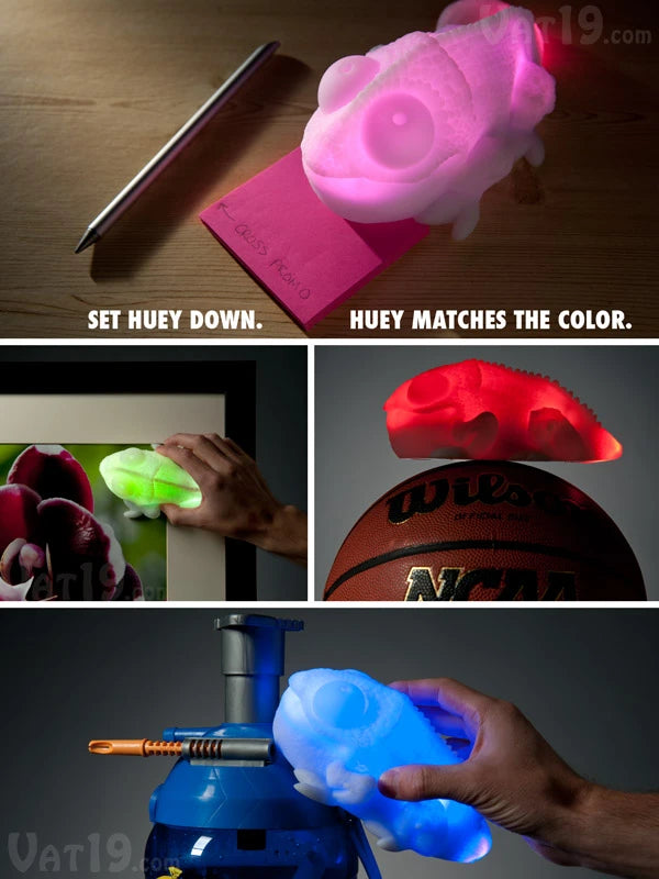 Huey dynamically changes its color to match whatever it is placed upon.