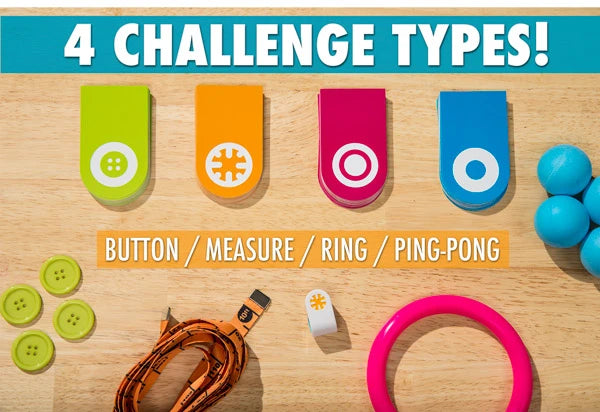 Roll die; 4 challenge types: Measure, Ring, Ping-Pong, Button; Gauge your confidence; Perform challenge; Bonus points and Second Chances; Highest score wins!