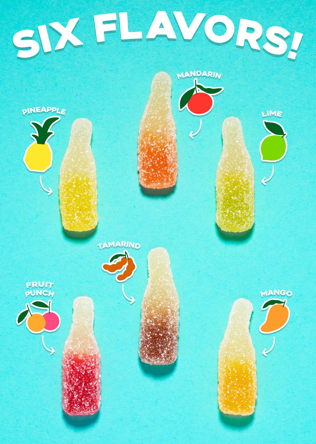 Each bag features six delicious flavors: mango, mandarin, pineapple, lime, tamarind, and fruit punch.