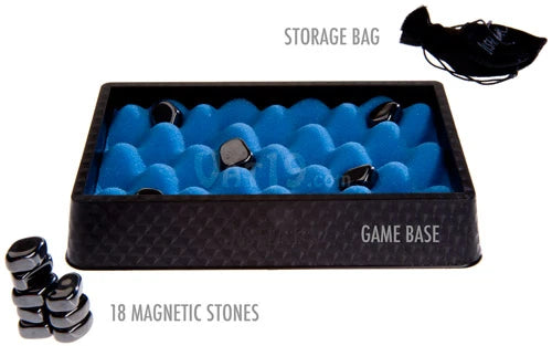 Jishaku includes 18 magnetic stones, cloth storage bag, and plastic/foam game base.