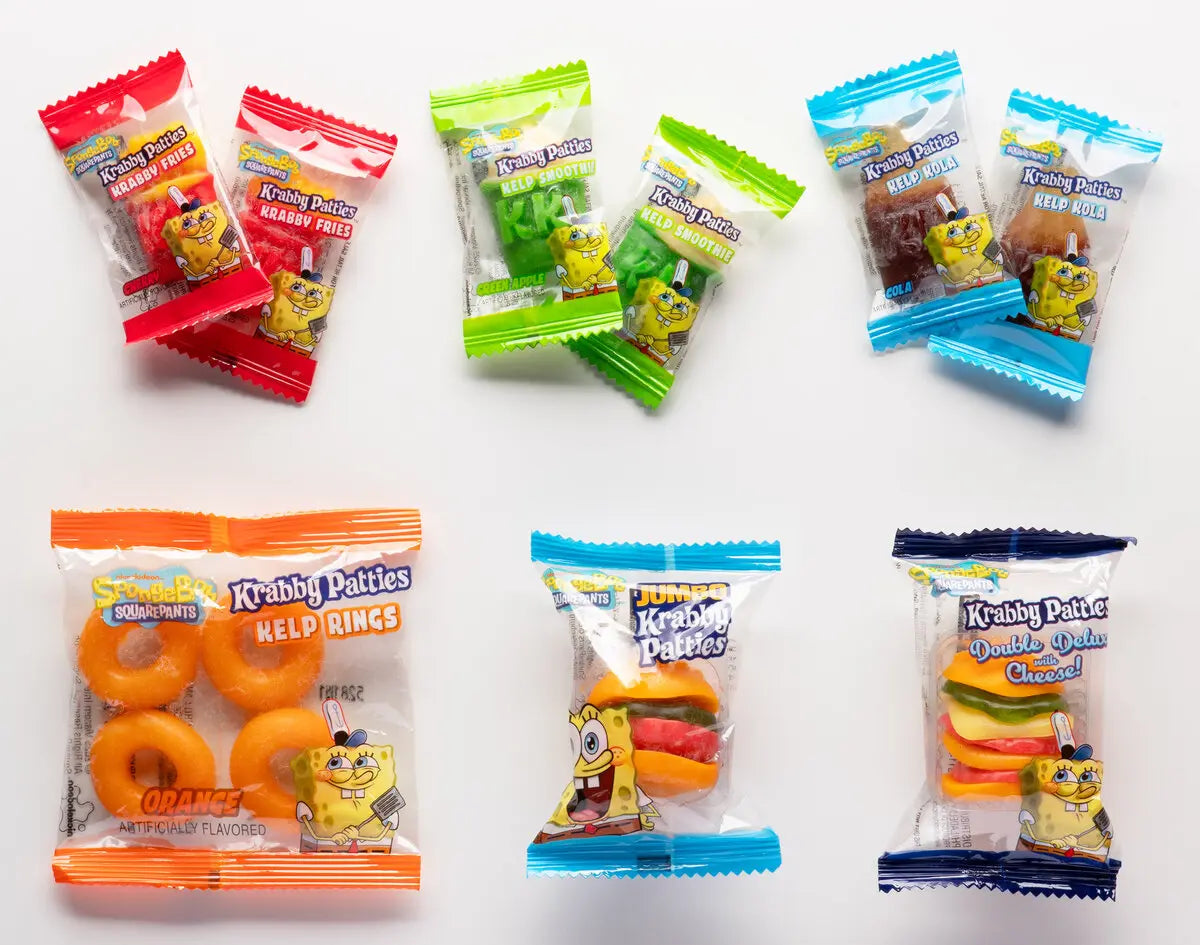 Includes: one Jumbo Krabby Patty, one Krabby Patty Double Deluxe with Cheese, one pack of four Kelp Rings, two Krabby Fries, two Kelp Kolas, and two Kelp Smoothies.
