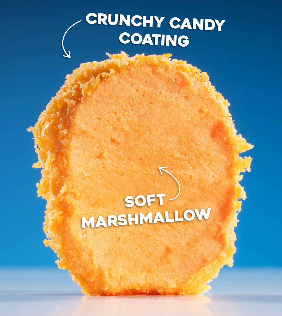 The deliciously sweet marshmallow is enrobed in a crunchy candy coating.