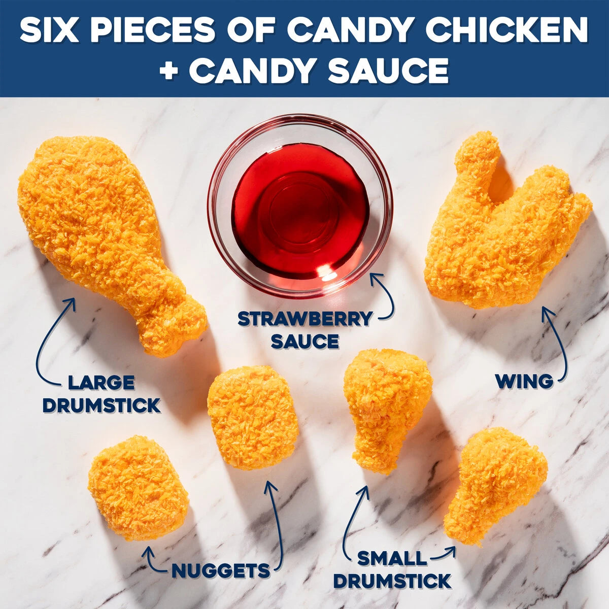 Each box includes six delicious pieces of "chicken" and a healthy portion of sweet strawberry dipping sauce.