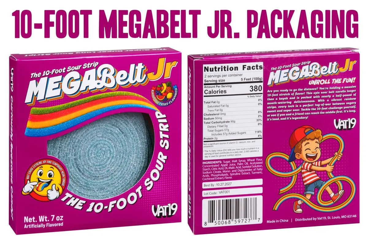 Business in the front, 380 calories per serving on the back. Check out the official box for the world's longest sour strip!