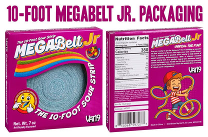 Business in the front, 380 calories per serving on the back. Check out the official box for the world's longest sour strip!