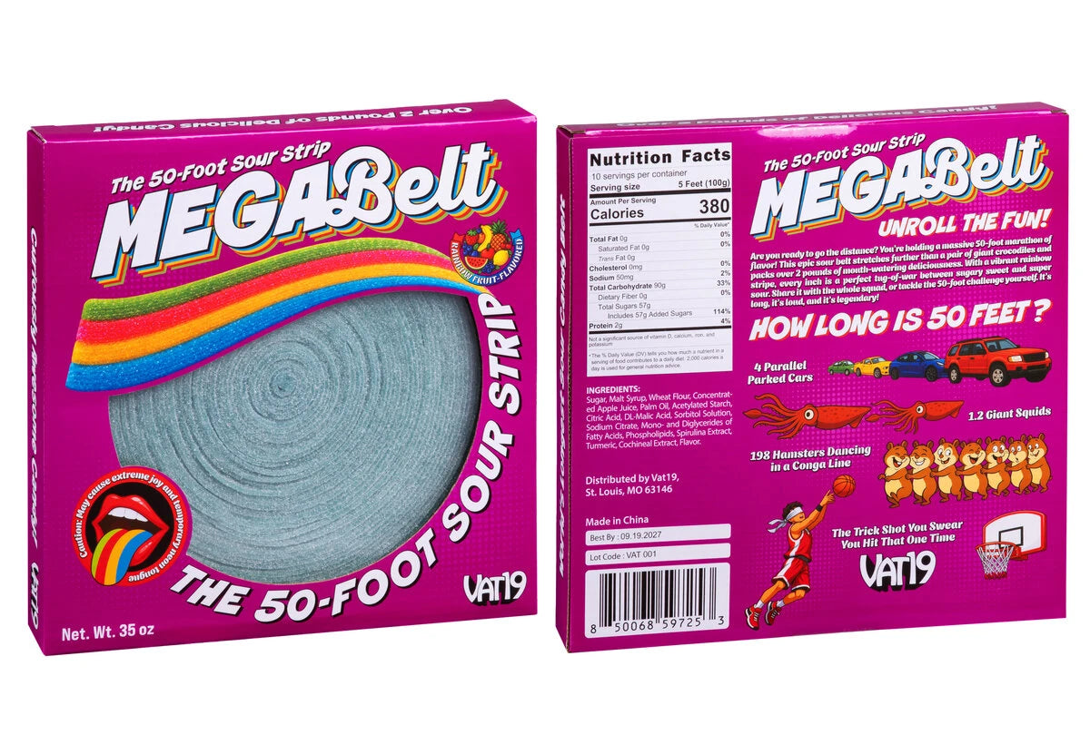 Business in the front, 380 calories per serving on the back. Check out the official box for the world's longest sour strip!