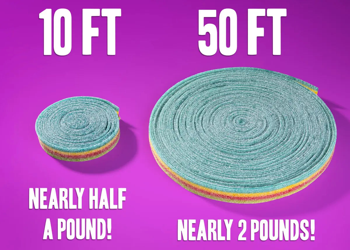 Unroll the fun! Ten or fifty feet of delicious, fruity, lip-puckering flavor all wrapped up into one giant, legendary wheel.