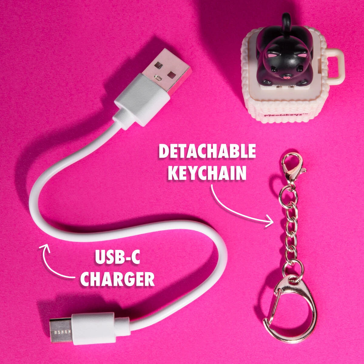 Meowkey comes with a USB-C charging cable and a detachable keychain.