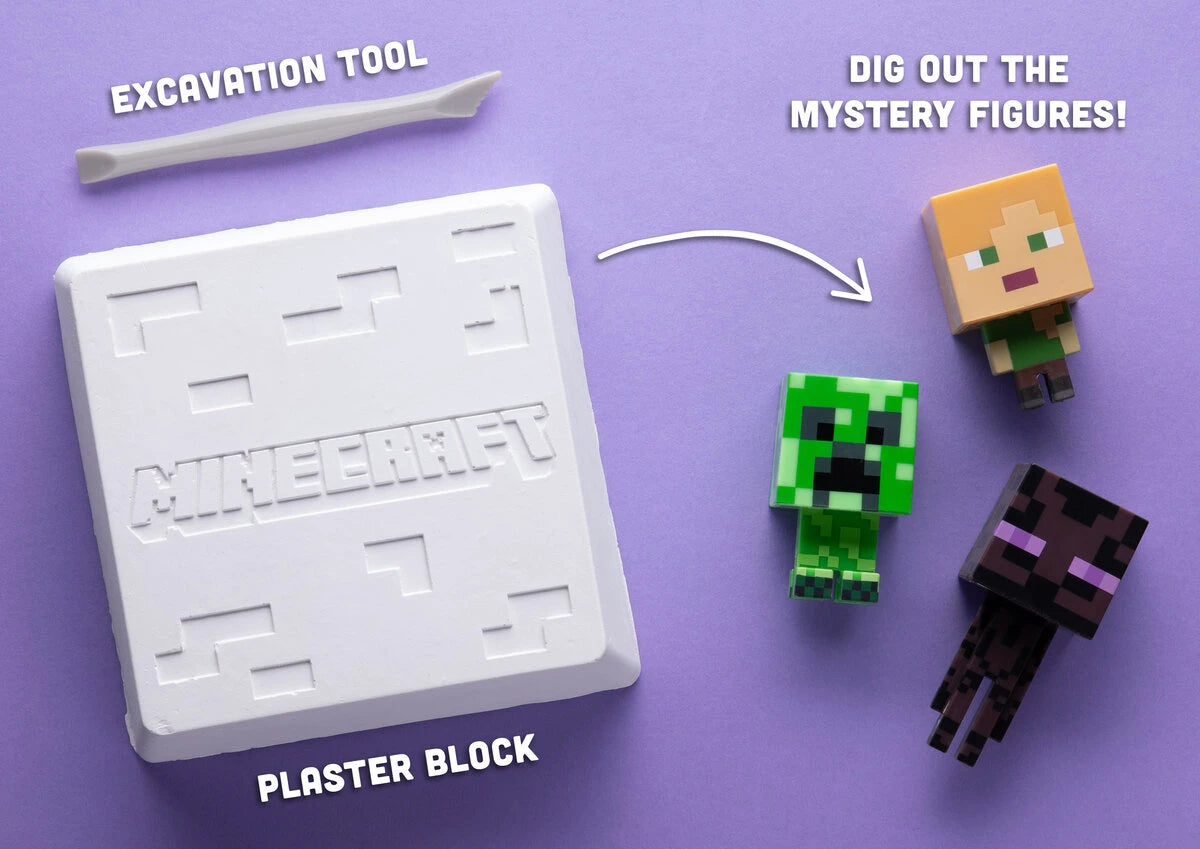 Each kit includes three mystery figures. Try to collect all six: Steve, Alex, Creeper, Zombie, Enderman, and Skeleton.