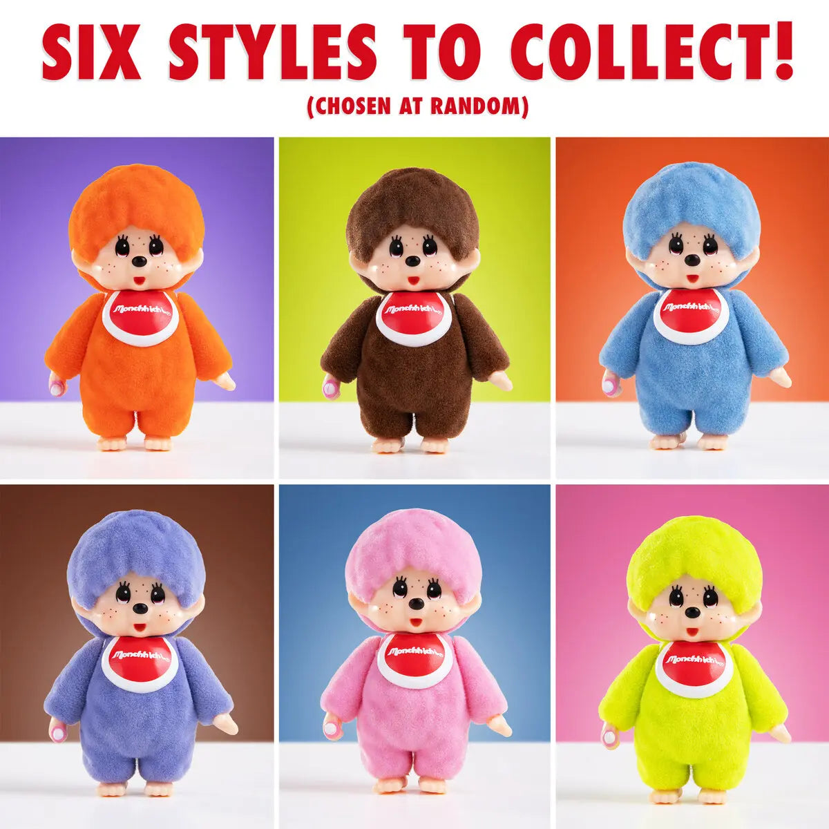 Your Monchhichi will be either brown, purple, orange, blue, green, or rare pink.