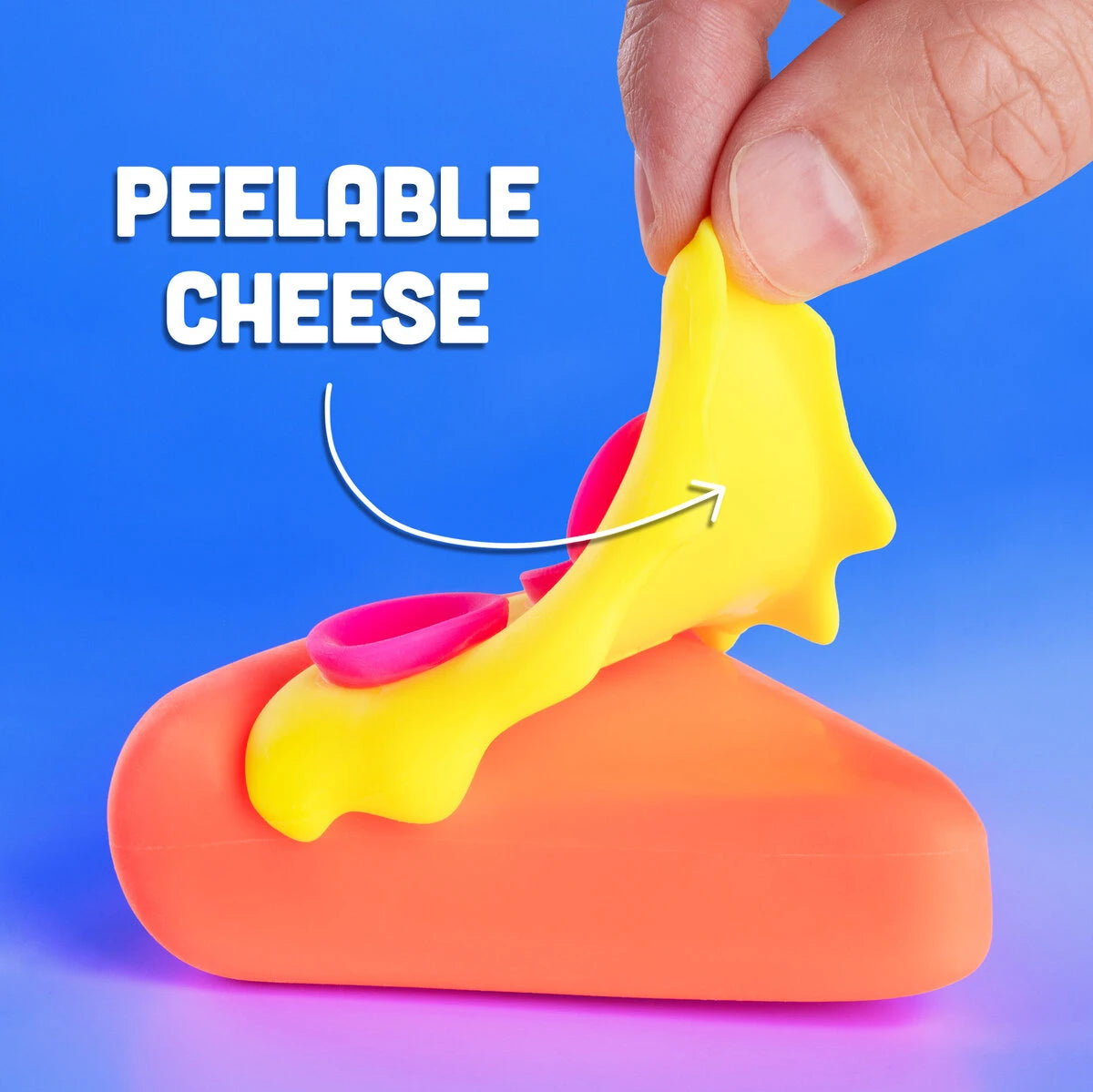 A pizza-slice-shaped, doh-filled squeeze toy with peelable cheese and raised pepperoni
