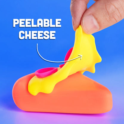 A pizza-slice-shaped, doh-filled squeeze toy with peelable cheese and raised pepperoni