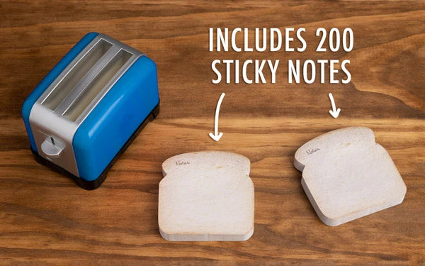 The Notester is a toaster-shaped desk caddy with 200 toast-shaped sticky notes.