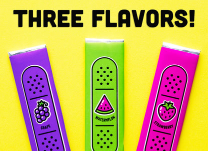 Each pack includes 21 pieces of gum. You'll get 7 of each flavor: grape, watermelon, and strawberry.