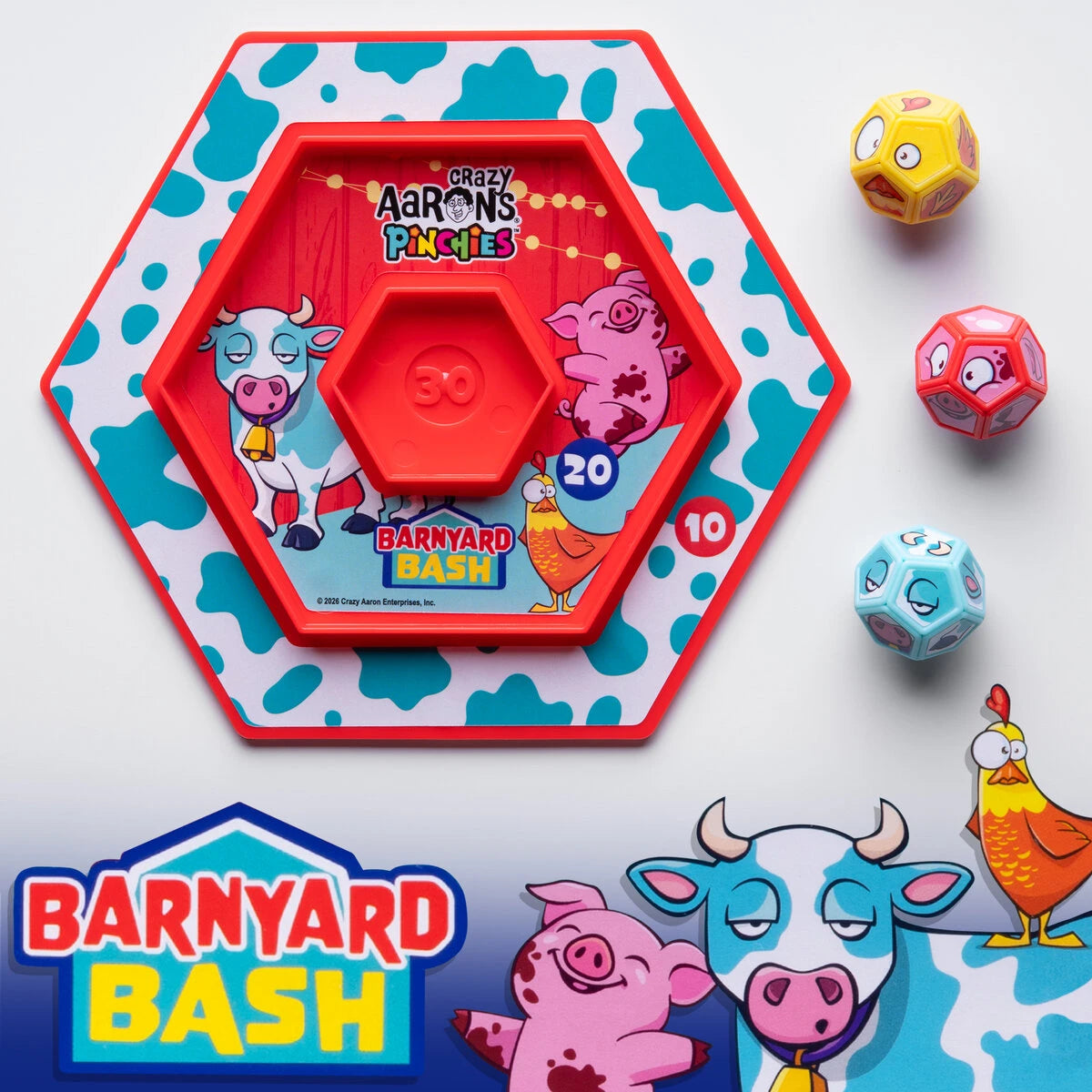 Barnyard Bash features a pig, a cow, and a silly chicken.