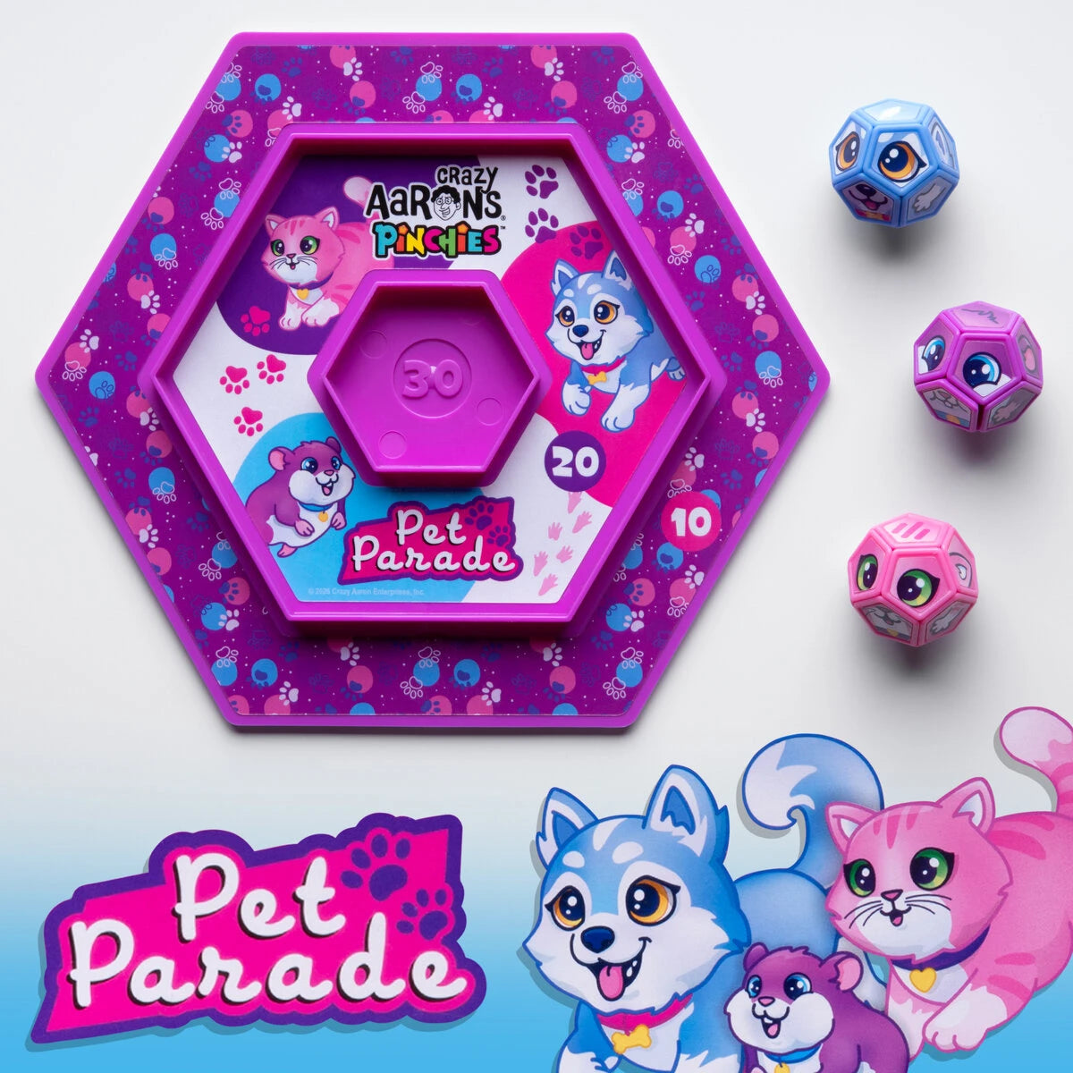 Pet Parade features a cute kitty, puppy, and bunny.