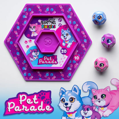 Pet Parade features a cute kitty, puppy, and bunny.