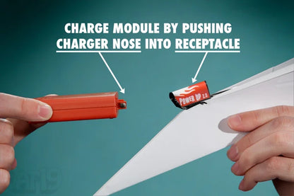 Charge the PowerUp by inserting the charger nose into the receptacle for up to 20 seconds.