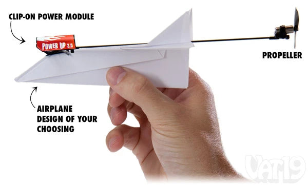 The PowerUp Power Module will attach to nearly any paper airplane design.