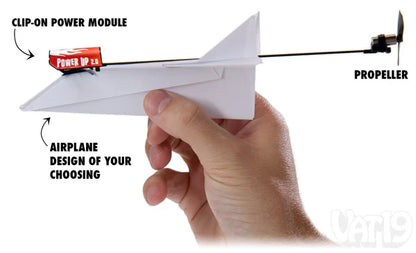 The PowerUp Power Module will attach to nearly any paper airplane design.