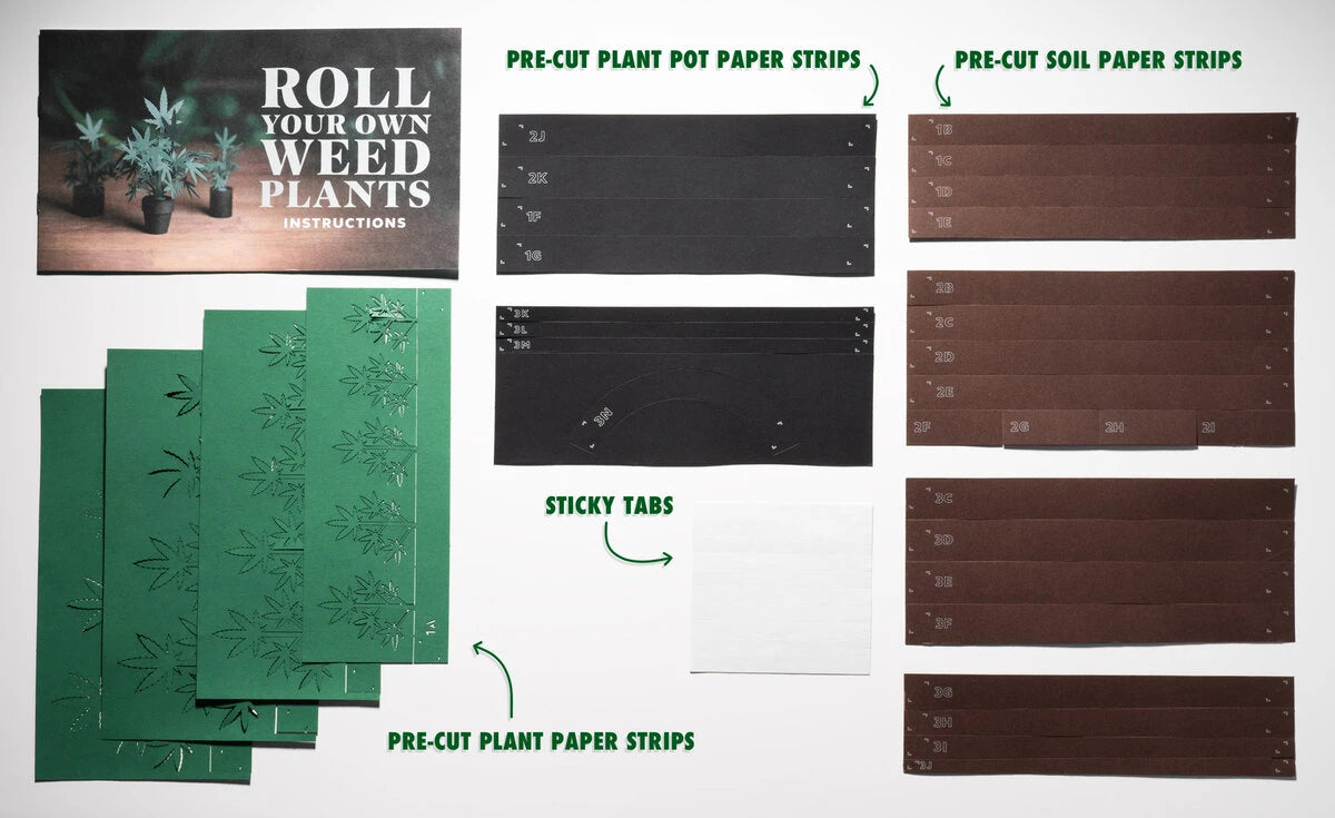 Includes: pre-cut strips for weed plants, soil, and pots; sticky tabs; instruction booklet.